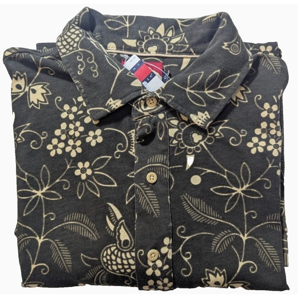 NWT Vintage Tommy Hilfiger Men's XL Floral Shirt Brown Ivory Y2K 3-Button